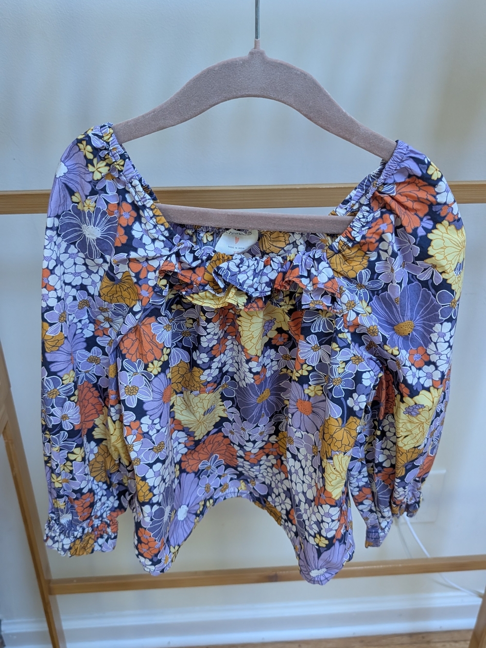 Girls' Floral Square-Neck Blouse - Purple/Orange/Yellow